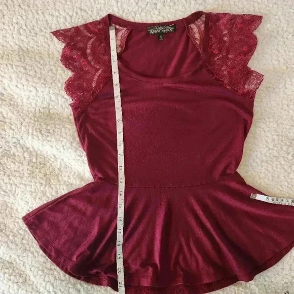 Burgundy Lace Sleeve Peplum Top, Small - Picture 4 of 6